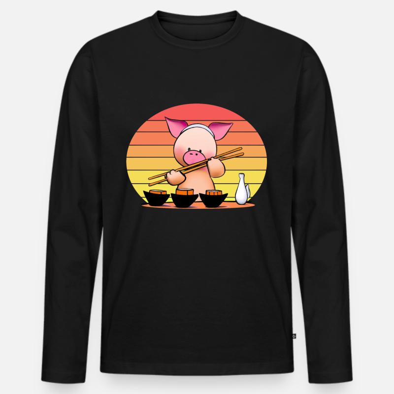 Schwein versucht Sushi mit Stäbchen - Männer Premium Bio Langarmshirt - Schwarz