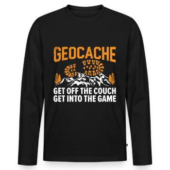 Geocache Get off the couch, into the game - Men's Premium Organic Long Sleeve Shirt - black - Front - Nico (187cm)