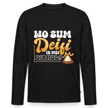 Wo zum Deifi is mei Dirndl? - Männer Premium Bio Langarmshirt - Schwarz - Vorne - Nico (187cm)