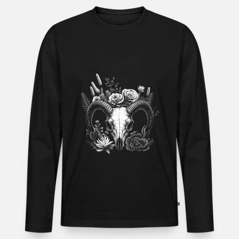 Widder Schädel mit Blumen und Sukkulenten - Männer Premium Bio Langarmshirt - Schwarz
