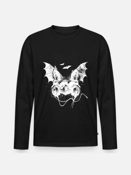 Coole Fledermaus mit Kopfhörern und Sonnenbrille - Männer Premium Bio Langarmshirt - Schwarz