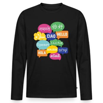 Colorful "Hello" speech bubble design, many languages - Men's Premium Organic Long Sleeve Shirt - black - Front - Nico (187cm)