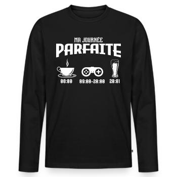 Manette | Ma journée parfaite - T-shirt manches longues Premium bio Homme - noir - Devant - Nico (187cm)