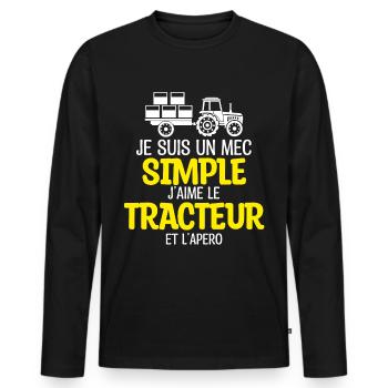 Un mec simple, tracteur et apéro - T-shirt manches longues Premium bio Homme - noir - Devant - Nico (187cm)