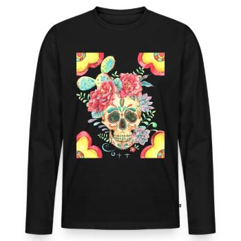 Crâne de sucre mexicain avec fleurs et cactus - T-shirt manches longues Premium bio Homme - noir - Devant - Nico (187cm)