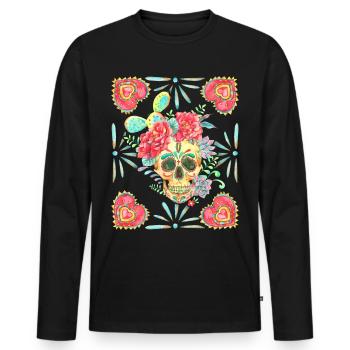 Mexikanischer Sugar-Skull, Herz-Heart und Kaktus - Männer Premium Bio Langarmshirt - Schwarz - Vorne - Nico (187cm)