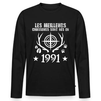 Chasseur | Anniversaire chasseur 1991 - T-shirt manches longues Premium bio Homme - noir - Devant - Nico (187cm)