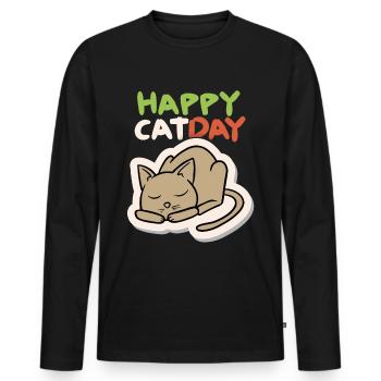 Chat, Happy Cat Day, Drôle de chat, Jour du chat - T-shirt manches longues Premium bio Homme - noir - Devant - Nico (187cm)