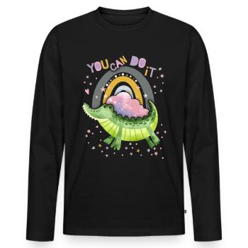 Drôle de citation de motivation de crocodile avec arc-en-ciel - T-shirt manches longues Premium bio Homme - noir - Devant - Nico (187cm)