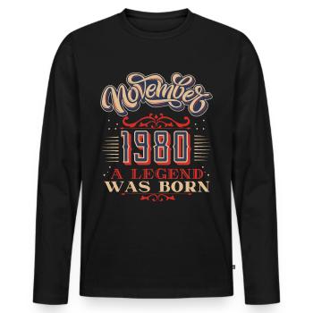 1980, anniversaire, novembre 1980, 11.1980, 11-1980 - T-shirt manches longues Premium bio Homme - noir - Devant - Nico (187cm)
