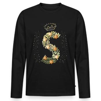 Monogramm Buchstabe S mit Krone, florales Ornament - Männer Premium Bio Langarmshirt - Schwarz - Vorne - Nico (187cm)
