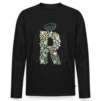 Monogram letter R with crown, floral ornament - Men's Premium Organic Long Sleeve Shirt - black - Front - Nico (187cm)