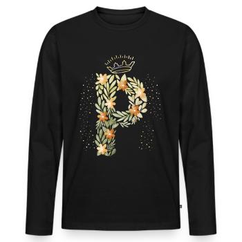 Monogram letter P with crown, floral ornament - Men's Premium Organic Long Sleeve Shirt - black - Front - Nico (187cm)