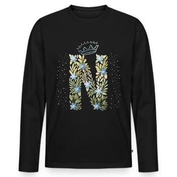 Monogram letter N with crown, floral ornament - Men's Premium Organic Long Sleeve Shirt - black - Front - Nico (187cm)