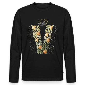 Monogram letter V with crown, floral ornament - Men's Premium Organic Long Sleeve Shirt - black - Front - Nico (187cm)