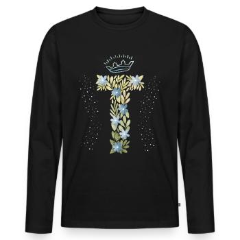 Monogram letter T with crown, floral ornament - Men's Premium Organic Long Sleeve Shirt - black - Front - Nico (187cm)