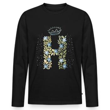 Monogram letter H with crown, floral ornament - Men's Premium Organic Long Sleeve Shirt - black - Front - Nico (187cm)
