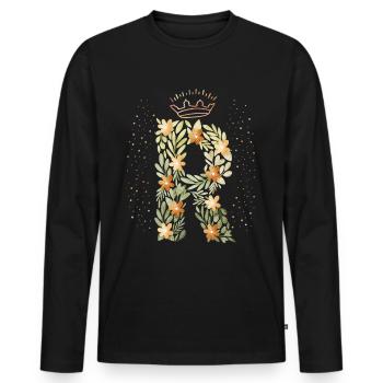 Monogram letter R with crown, floral ornament - Men's Premium Organic Long Sleeve Shirt - black - Front - Nico (187cm)