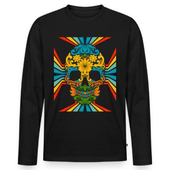 70er Jahre Flower-Power Skull Retro-Totenkopf - Männer Premium Bio Langarmshirt - Schwarz - Vorne - Nico (187cm)