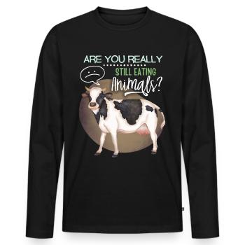 Vegan, Vegetarier lustiger Spruch mit Kuh - Männer Premium Bio Langarmshirt - Schwarz - Vorne - Nico (187cm)