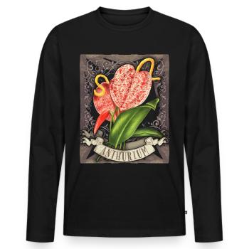 Anthurium vintage, illustration de fleurs botaniques - T-shirt manches longues Premium bio Homme - noir - Devant - Nico (187cm)