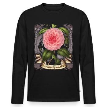 Illustration botanique de fleur de camélia rose vintage - T-shirt manches longues Premium bio Homme - noir - Devant - Nico (187cm)