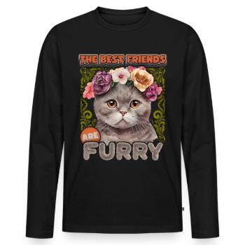 British Shorthair chat vintage avec couronne de fleurs - T-shirt manches longues Premium bio Homme - noir - Devant - Nico (187cm)