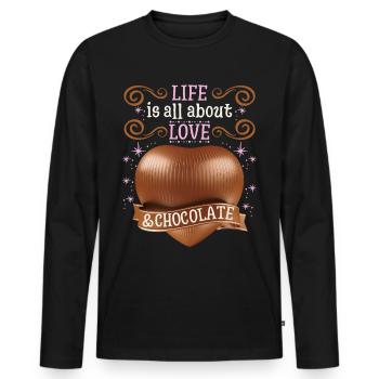 Amour-Amour, Cœur de chocolat, Dicton de chocolat - T-shirt manches longues Premium bio Homme - noir - Devant - Nico (187cm)