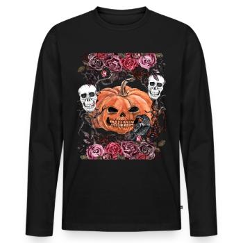Unheimliche Totenköpfe mit Halloween-Kürbis - Männer Premium Bio Langarmshirt - Schwarz - Vorne - Nico (187cm)