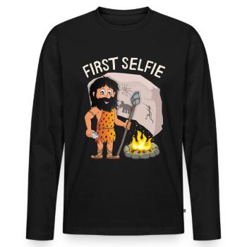 Lustiger Neandertaler, First-Selfie, Spruch, Pun - Männer Premium Bio Langarmshirt - Schwarz - Vorne - Nico (187cm)