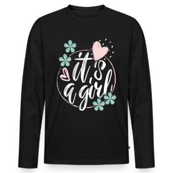 Bébé-fille, disant que c’est une fille, grossesse - T-shirt manches longues Premium bio Homme - noir - Devant - Nico (187cm)