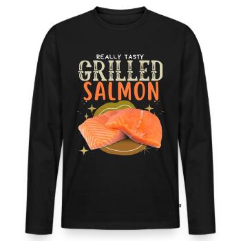 Saumon, Saumon, Pavé de Saumon, Saumon grillé - T-shirt manches longues Premium bio Homme - noir - Devant - Nico (187cm)