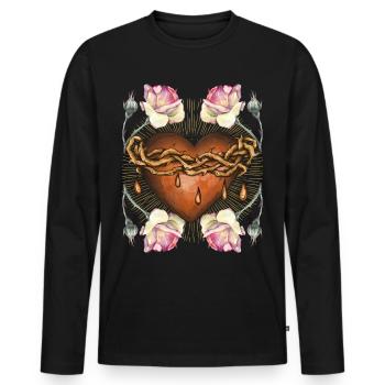 Jesus, Jesus Christ, Crown of Thorns, Heart with Roses - Men's Premium Organic Long Sleeve Shirt - black - Front - Nico (187cm)