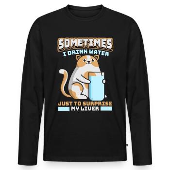 Lustige Katze trinkt Wasser anstatt Alkohol Spruch - Männer Premium Bio Langarmshirt - Schwarz - Vorne - Nico (187cm)