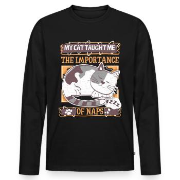 Chat fatigué, dicton drôle, chat de dessin animé qui dort - T-shirt manches longues Premium bio Homme - noir - Devant - Nico (187cm)