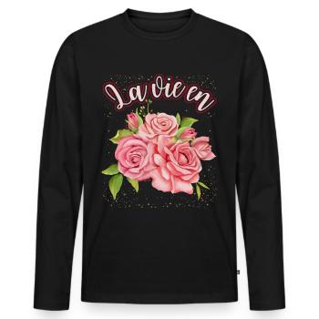 Illustration de rose, Roses aquarelle disant La Vie En - T-shirt manches longues Premium bio Homme - noir - Devant - Nico (187cm)