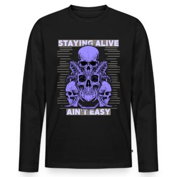 Totenköpfe, Spruch Staying Alive, Teufelsschädel - Männer Premium Bio Langarmshirt - Schwarz - Vorne - Nico (187cm)