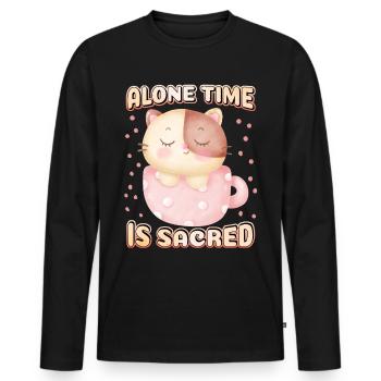 Introvert, cute cat in coffee cup, saying - Men's Premium Organic Long Sleeve Shirt - black - Front - Nico (187cm)