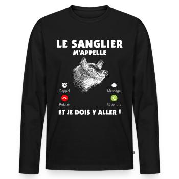 Le sanglier m'appelle humour pour papy chasseur - T-shirt manches longues Premium bio Homme - noir - Devant - Nico (187cm)