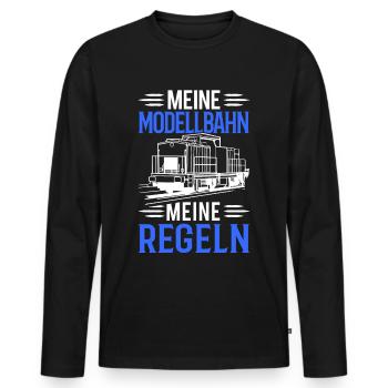 Meine Modellbahn Meine Regeln Modelleisenbahn Mode - Männer Premium Bio Langarmshirt - Schwarz - Vorne - Nico (187cm)