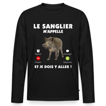 Le sanglier m'appelle au téléphone humour chasse - T-shirt manches longues Premium bio Homme - noir - Devant - Nico (187cm)