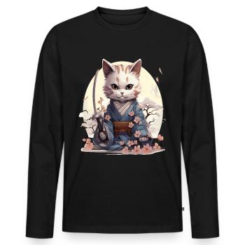 Kawaii samurai cat with katana - Men's Premium Organic Long Sleeve Shirt - black - Front - Nico (187cm)
