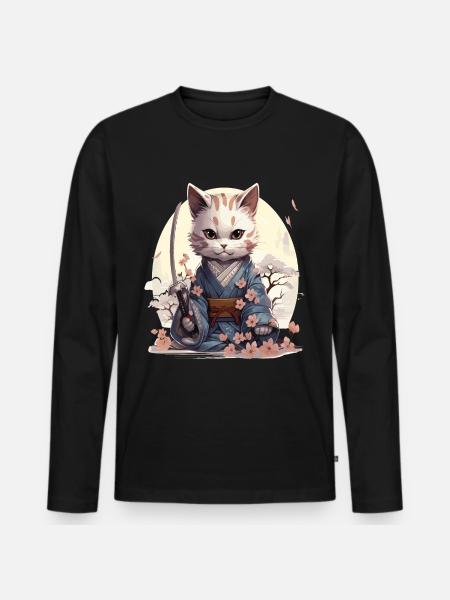 Kawaii Samurai-Katze mit Katana - Männer Premium Bio Langarmshirt - Schwarz