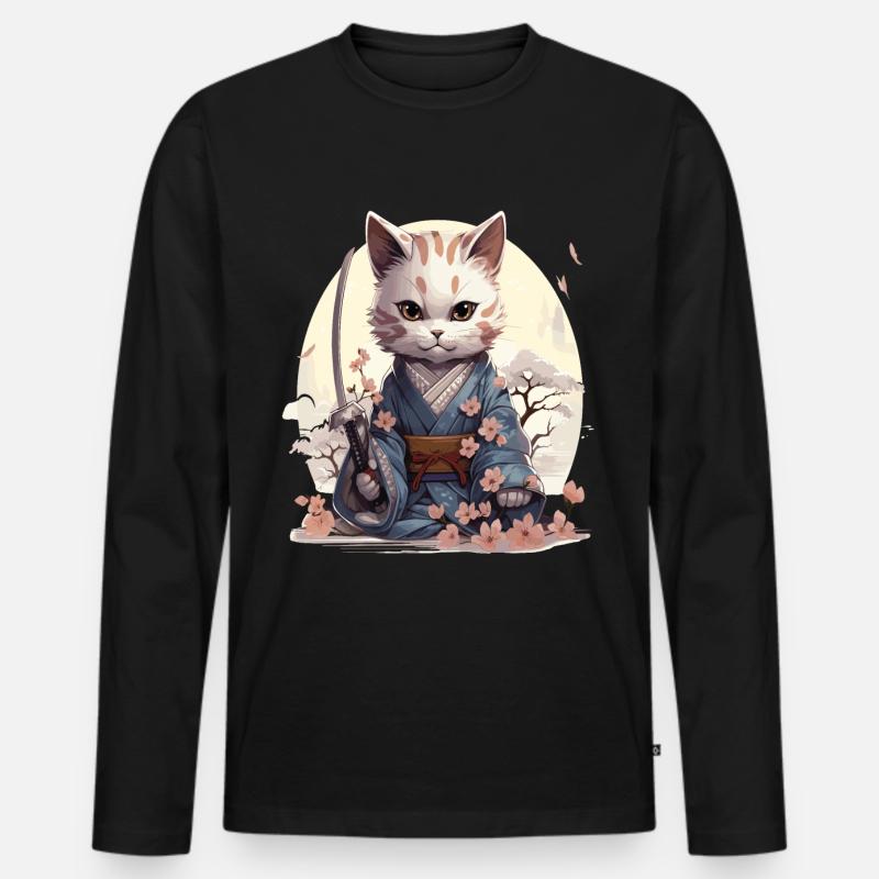 Kawaii Samurai-Katze mit Katana - Männer Premium Bio Langarmshirt - Schwarz