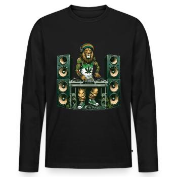 A Rasta lion DJ mixing surrounded by speakers - Men's Premium Organic Long Sleeve Shirt - black - Front - Nico (187cm)