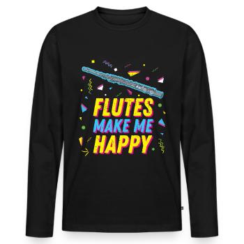 90s Retro Transverse Flute Flutist Makes Me Happy - Men's Premium Organic Long Sleeve Shirt - black - Front - Nico (187cm)
