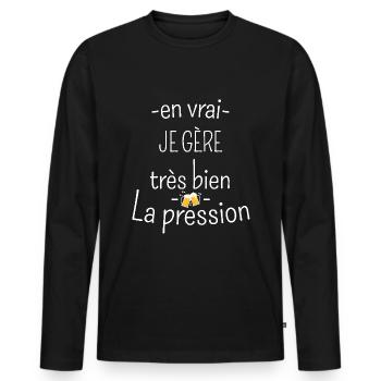 Humor, Apéro, Bier – ich gehe mit dem Druck um - Männer Premium Bio Langarmshirt - Schwarz - Vorne - Nico (187cm)