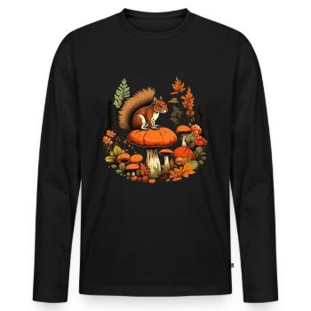 Herbst Eichhörnchen auf Orange Pilz Wald Szene - Männer Premium Bio Langarmshirt - Schwarz - Vorne - Nico (187cm)