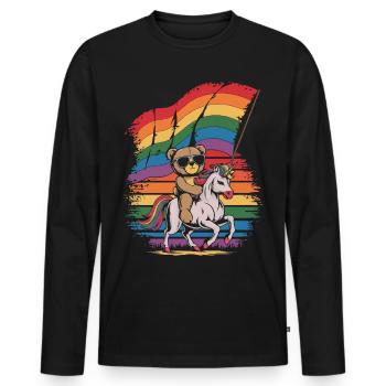 Teddy Bear Rides Unicorn LGBTQ Rainbow Flag - Men's Premium Organic Long Sleeve Shirt - black - Front - Nico (187cm)
