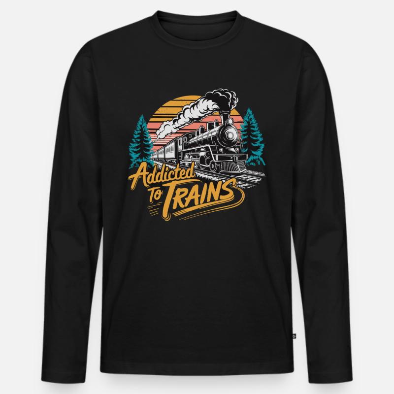 Addicted To Trains - Männer Premium Bio Langarmshirt - Schwarz